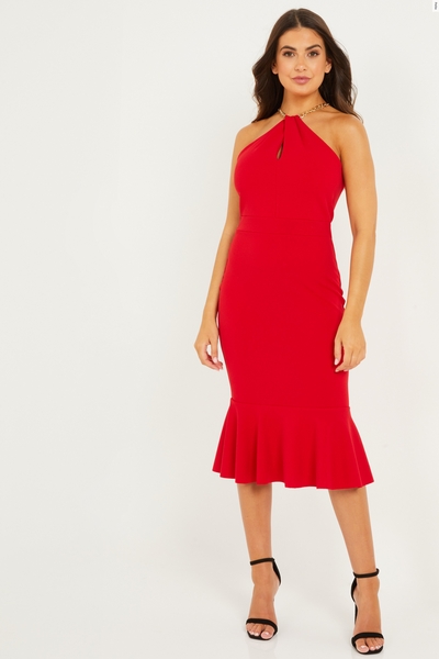 Petite Red Frill Hem Midi Dress